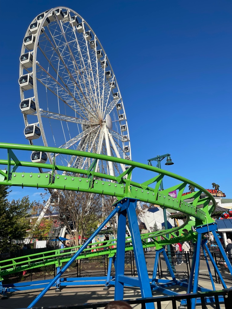 Spinning Parrot Coaster at The Island in Pigeon Forge, TN in front of ferris wheel